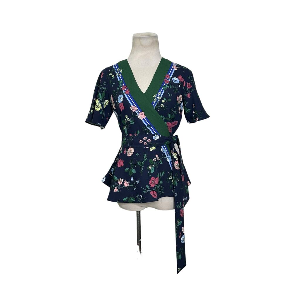 Ann Taylor black pink floral short sleeves wrap blouse size XXSP